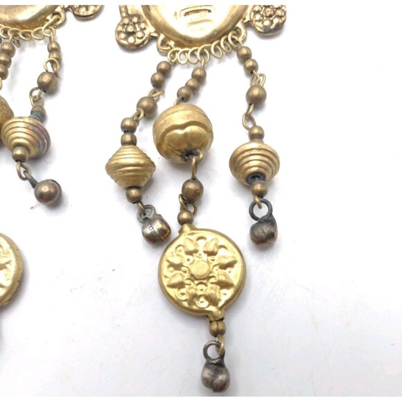 Vintage CCORI Peruvian Warrior Clip On Gold Brass Peruvian Inca Face Dangle Drop Earrings Hammered Artisan Crafted VTG